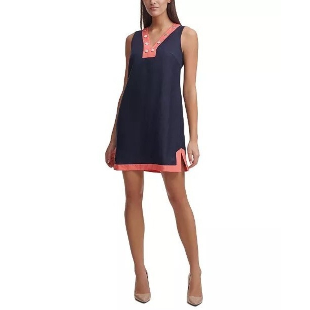 Tommy Hilfiger Women's Navy Orange Colorblock Shift‎ V-Neck Sleeveless Dress 8P